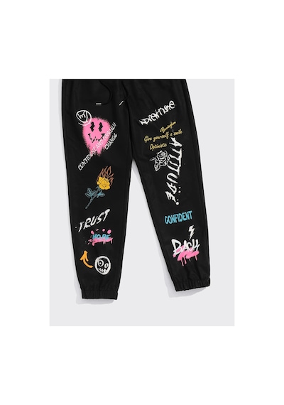 Tarzsokak Expression & Letter Graphic Drawstring Waist Pants Siyah