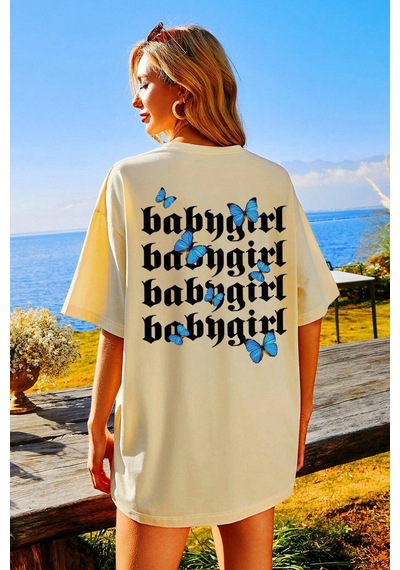 Unisex Babygirl Baskılı Tasarım Tshirt Bej