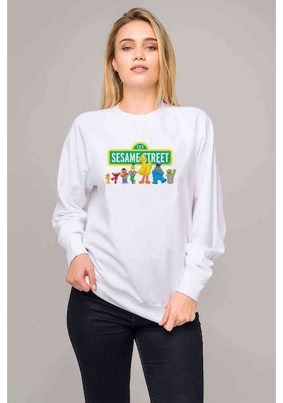 Susam Sokağı Baskılı Beyaz Kadın Sweatshirt (528340021)