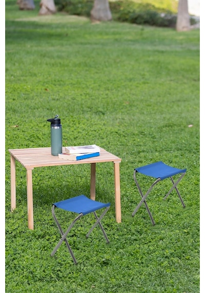 Exent Katlanır Ahşap Kamp Masası + 2 Adet Tabure Seti 60 x 60 CM Çok Renkli