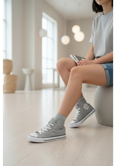 Enoch Kadın Boğazlı Bilekli Canvas Ve Bez Bağcıklı Rahat Günlük Sneaker Spor Ayakkabı Füme