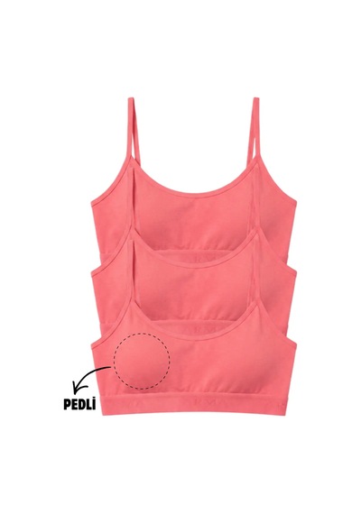 Terrien Özel Üretim Paket Tekstil Esnek Genç Kız İp Askılı Çıkarılabilir Pedli Yarım Atlet 3'lü Pembe