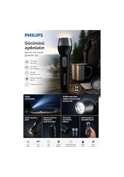Philips SFL3175/10 LED El Feneri, Darbeye Dayanıklı Gövde, 20 Saat Çalışma Süresi, 2xAA Pilli