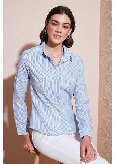 Lela Pamuklu Slim Fit Klasik Yaka Bayan Gömlek 6777423 Mavi