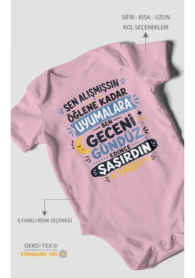 Morivokids Sen Alışmışsın Öğlene Yazılı Kısa Kollu Bebek Body %100 Pamuk Koyu Pembe