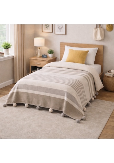 Merinos Colorway Tek Kişilik Ponponlu Battaniye 150 X 200 Beyaz Krem