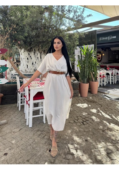 WeShaya Taş Kruvaze Midi Kemerli Elbise Taş