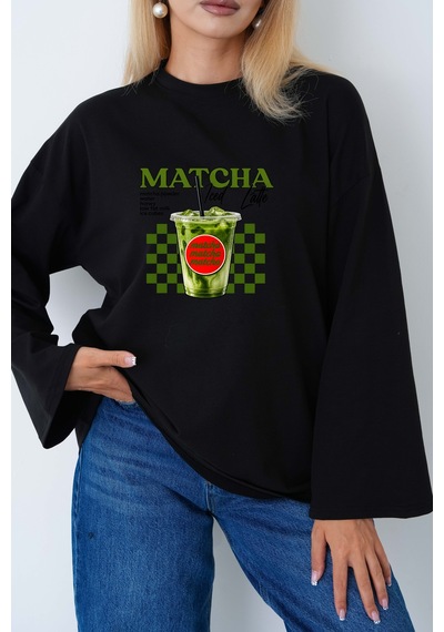 Herkesemoda Kadın Matcha Baskılı Oversize Geniş Kollu Body Siyah