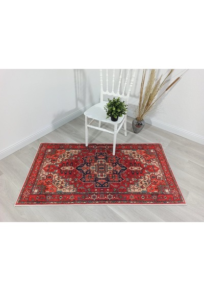 Eskitme Madalyon Desenli Kiremit Ve Lacivert Vintage Salon Halısı - 11428ou Kırmızı