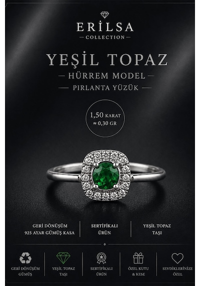 Sertifikalı Yeşil Topaz Taşlı Hürrem Model 925 Ayar Gümüş Pırlanta Yüzük Çok Renkli