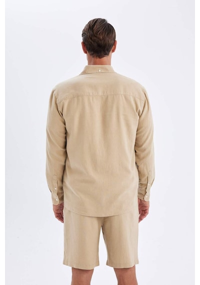 DeFacto Relax Fit Polo Yaka Kısa Kollu Keten Karışımlı Pamuklu Uzun Kollu Gömlek C1106AX24SMBG732