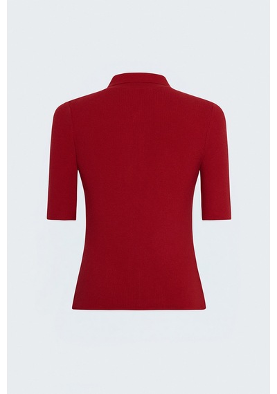 Sateen Kısa Kollu Fermuarlı Triko - Kırmızı-137916