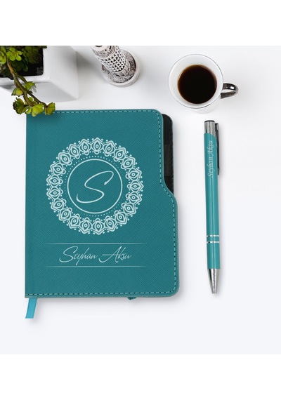 Kişiye Özel Isimli Turkuaz Termo Deri Defter Kalem Seti-2