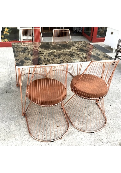 Masa Tel Sandalye Model Takım Metal Çelik Rose Japon Ayak Mdf Lam Siyah Mermer Tabla El Yapım