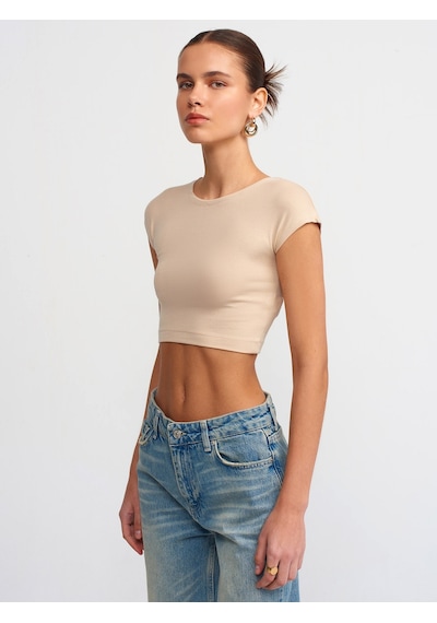 Dilvin Pamuk Ve Modal Karışımlı Crop Top Bej Açık Bej