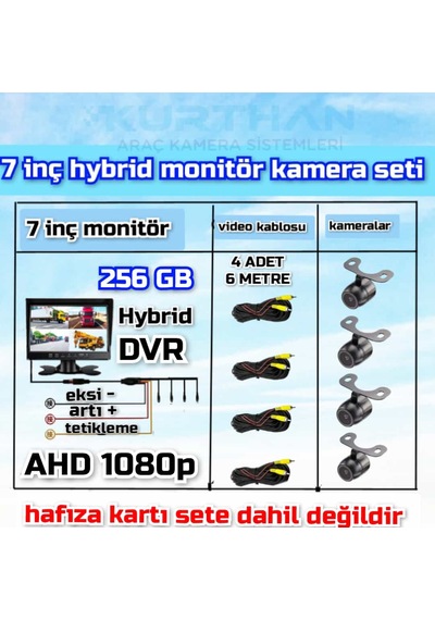 4 Adet Ahd 1080p Kelebek Kameralı 256 Gb 7 İnç Hybrid Dvr Monitör 12 Volt