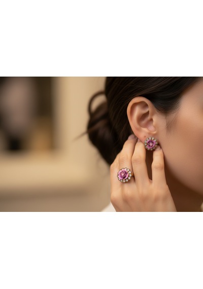 El İşçiliği Pembe Gül Detaylı Vintage Stil Gümüş Ve Bronz Yüzük Küpe Otantik Takı Seti Mod113 Gümüş