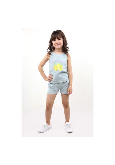 Toontoy Kids Toontoy Kız Bebek 2'li Takım Baskılı Bisiklet Yaka T-shirt & Beli Lastikli Cepli Şort Gri