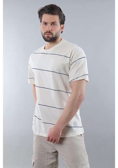 Madmext Ekru Bisiklet Yaka Basic Çizgili Erkek T-shirt E7102 Ekru