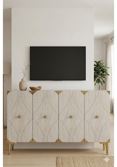 Ka1297btg Alfa Konsol Ve Tv Sehpası Beyaz-traverten-gold 120cm