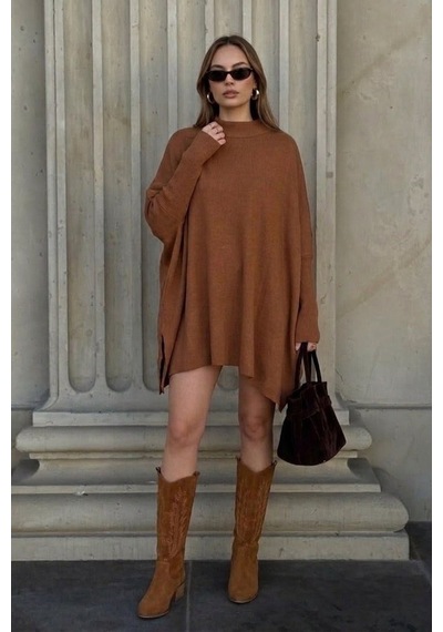 Onno Style Women Düz Triko Standart Panço Kahverengi