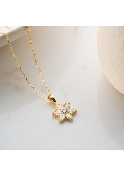 Vaoov 925 Ayar Gümüş Damla Taşlı Gold Çiçek Kolye Altın