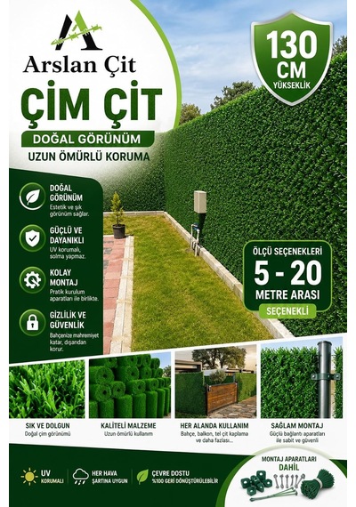 Çim Çit Bahçe Teli Yapay Çim Örgülü Uv Dayanıklı Yeşil Çit, 130 Cm X 7 Mt Diğer