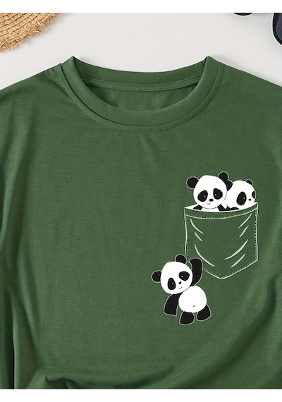 Uyguntarz Unisex Cep Panda Baskılı Tasarım Tshirt Yeşil