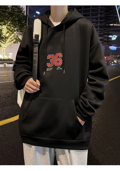 Unisex Oversize Brooklyn 36 Baskılı Kapüşonlu Sweatshirt Siyah