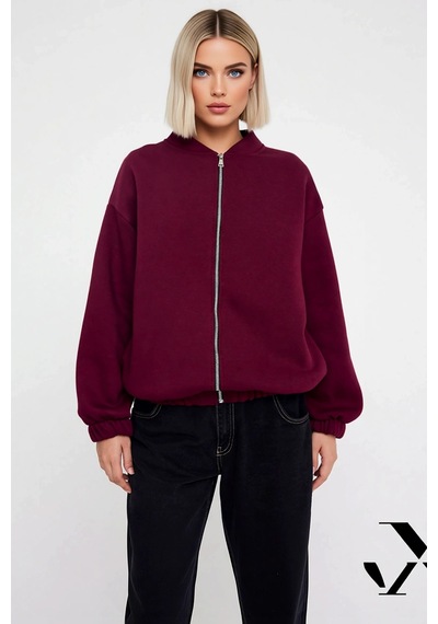 Benerly Kadın Bisiklet Yaka Düşük Kol Fermuarlı Oversize Kalın Örme Sweat Bordo