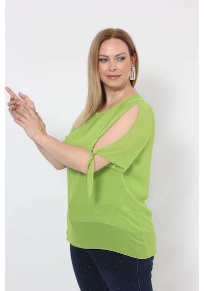 Moda Berray 3173 Fıstık Yeşili Kolu Bağlama Detaylı Bluz Yeşil