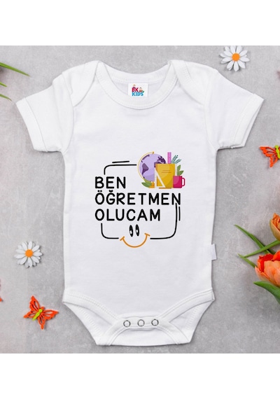 Bk Gift Bk Kids Öğretmen Olucam Tasarımlı Beyaz Bebek Body Zıbın-1 Çok Renkli