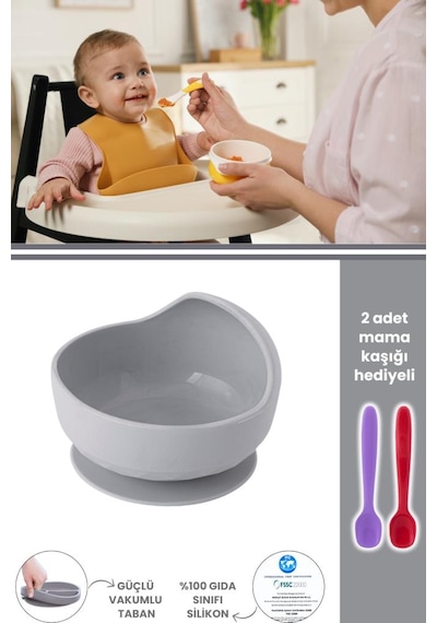 Silicolife Eğimli Mama Kasesi, Vakum Tabanlı Bebek Çocuk Eğimli Mama Tabağı - 2 Mama Kaşığı Hediyeli Gri