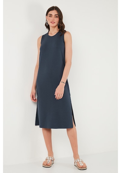 Lela Regular Fit Bisiklet Yaka Yırtmaç Detaylı Basic Midi Bayan Elbise 5866160 Füme