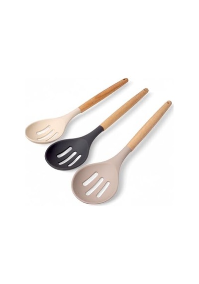 Bambu Saplı Silikon Delikli Servis Kaşığı, Bambu Uzun Silikon Delikli Servi Kaşığı 27cm 3 Renk Seçenekli Siyah
