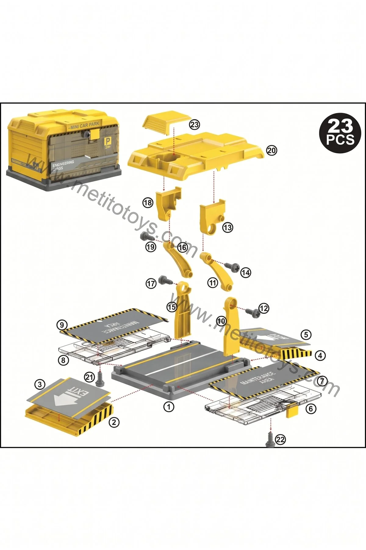 Metito Toys Sök-tak Otopark Seti, 70+ Parça, 2 Araç + 1 Otopark, Buldozer Ve Kum Kamyonlu, 3+ Yaş Hardal Sarısı