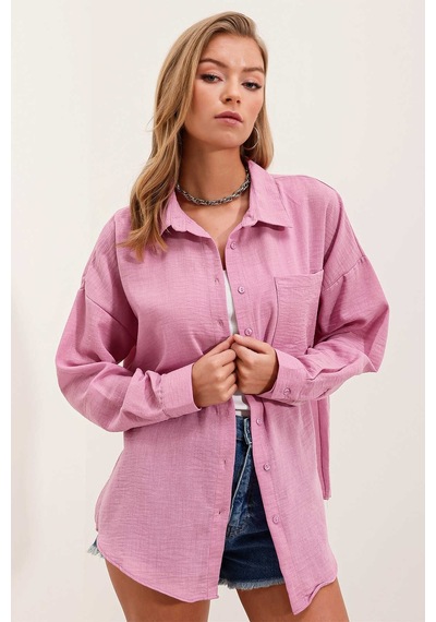 Giyim Dünyası Kadın Tek Cepli Oversize Gömlek Pembe 001