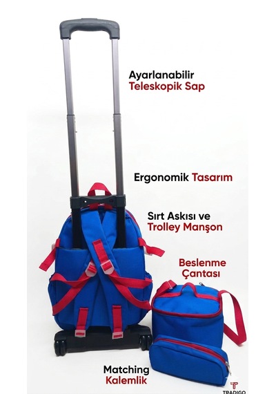 2 Kademeli Çekçekli Tekerlekli Karekter Desenli Erkek Mavi 3 Lü Set Takım İlkokul Sırt Çantası 40 27 17cm