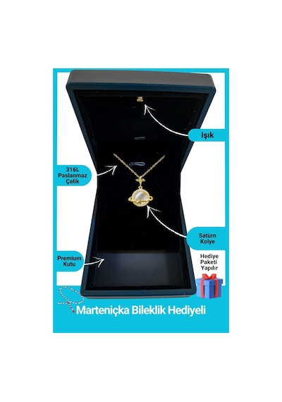 Işıklı Premium Kutuda Satürn Star Kolye Gold | 14 Şubat Sevgililer Günü Hediyesi | Kadın