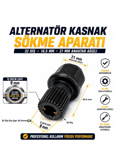 Universal Alternatör Kasnak Sökme Aparatı 21 Mm - 16.5 Mm 32 Diş Yeni Model Küçük Tip 21mm Anahtar Ağızlı