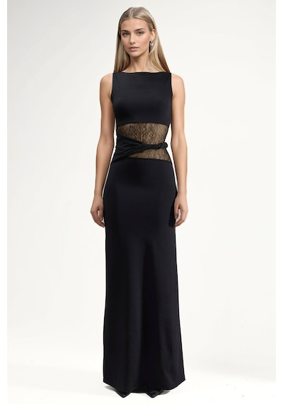 Hiccup Dantel Cut-out Detaylı Maxi Elbise Siyah