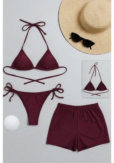 Angbutik Kadın 3'lü Set Bordo Şortlu Ve Yandan Bağlamalı Bikini Mayo Takımı
