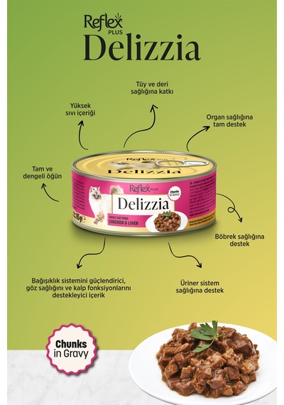 Reflex Plus Delizzia / Sos İçinde Parça Etli Tavuklu & Ciğerli Yetişkin Kedi Maması 85g X 12 Adet