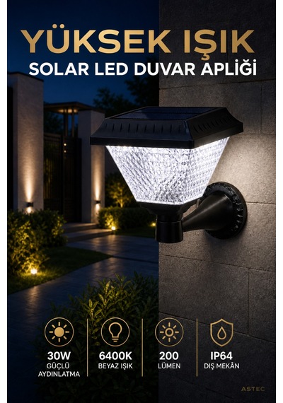 Astec Kristal Solar Led Duvar Aplik 30w 6400k Beyaz Işık Ip64 Dış Mekân Bahçe Duvar Aydınlatma Prizmatik