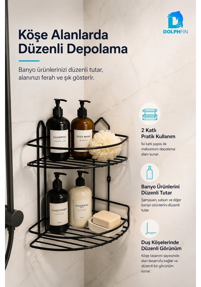 2 Katlı Siyah Banyo Duş Rafı Köşe Metal Şampuan Sabunluk Banyo Düzenleyici Raf