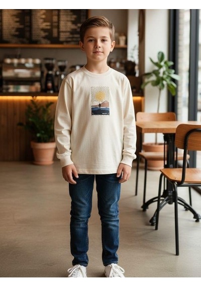 Zekids Erkek Çocuk Pamuklu Manzara Baskılı İnce Uzun Kollu Sweatshirt-16341 Krem