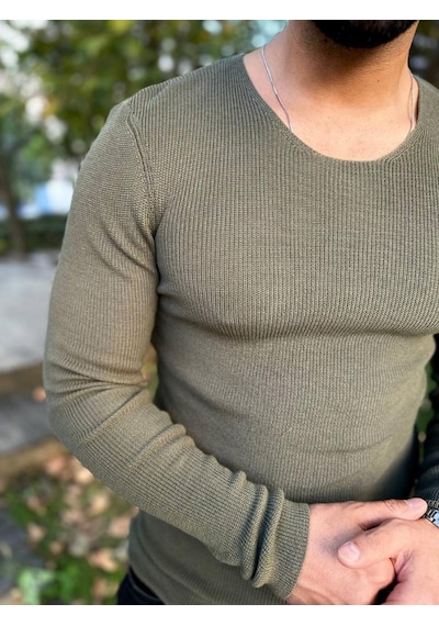 Elku Moda Kazak Örme Tüylenmez Naturel Pamuk Kazak Slim Fit Triko Dar Kesim Body Kazak Haki - Yeşil