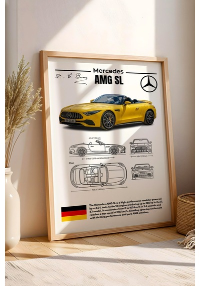 Mercedes-amg Sl Tablo - Teknik Özellikli Lüks Roadster Poster - Çerçeveli Duvar Dekoru - Blueprint Kayın