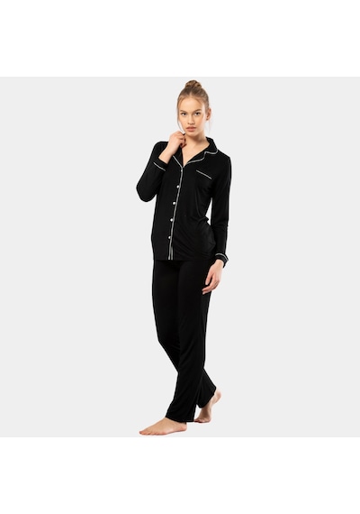 Düz Uzun Kollu Gömlek Yaka Pijama Takım 3365/siyah Çok Renkli