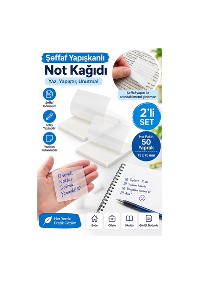 Beyaz Yapışkanlı Şeffaf Not Kağıdı 50 Yaprak 2 Paket Kare Transparan Postit 75x75 Mm Yarı Saydam İşaretleyici Aydınger
